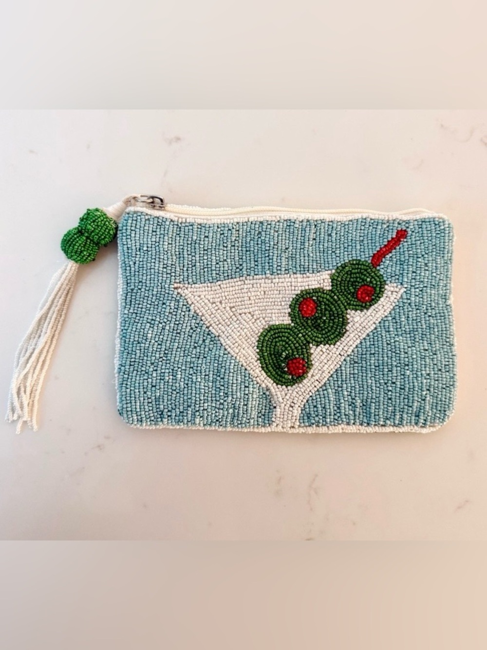 Beaded Martini Clutch in Light Blue and White with Green Olive Detail